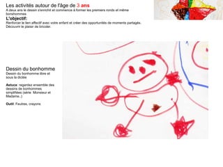 Les activités autour de l'âge de 3 ans
A deux ans le dessin s'enrichit et commence à former les premiers ronds et même
bonshommes
L'objectif:
Renforcer le lien affectif avec votre enfant et créer des opportunités de moments partagés.
Découvrir le plaisir de bricoler.
Dessin du bonhomme
Dessin du bonhomme libre et
sous la dictée
Astuce: regardez ensemble des
dessins de bonhommes
simplifiées (série Monsieur et
Madame..)
Outil: Feutres, crayons
 