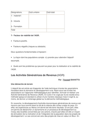 Désignations           Coût unitaire         Coût total
1- materiel1

2- Intrants

3- Formation
Total


7- Facteur de viabilité de l’AGR.

• Facteurs positifs.


• Facteurs négatifs (risques ou obstacle).

Deux questions fondamentales s’imposent :

• La façon dont les populations compte s’y prendre pour atteindre l’objectif
escompté.

• Quels sont les problèmes qui peuvent se poser pour la réalisation et la viabilité de
l’AGR.


Les Activités Génératrices de Revenus (AGR)
                                                           Par : Youssef BAHATTA

Une démarche de terrain

L’objectif de cet article est d’apporter de l’aide technique à toutes les associations
travaillant dans le domaine du développement rural. Notre souci est d’initier les
associations sur l’approche méthodologique pour identifier, formuler et réaliser une
Activité Génératrice de Revenus (AGR). En outre il ne s’agit par d’une recette et/ou
méthode typique et standard à utiliser d’une manière classique mais il s’agit là, au
moins, de donner un éclairage global sur la démarche méthodologique.

En revanche, le développement d’activités économiques génératrices de revenus est
reconnu par tous comme étant la clé de la relance des zones rurales du pays. En
effet, les expériences au Maroc ont donné de très bons résultats. D’une part, elles
ont permis de déclancher un dynamisme et un processus de développement au
niveau des localités concernées par ces actions, d’autre part elles ont été un moyen
de stimulation de la motivation et de l’intégration de la population dans les projets de
développement. Le cas concret est celui des projets de mise en valeur en Bour. En
 