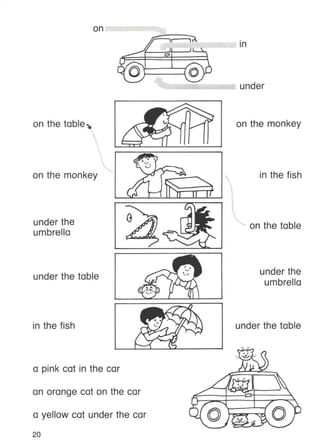 on
on the table ~
I 1 •
In
under
on the monkey
on the monkey
under the
umbrella
G
in the fish
on the table
under the table
under the
umbrella
in the fish
a pink cat in the car
an orange cat on the car
a yellow cat under the car
20
under the table
 