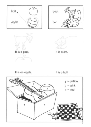 ba11 "ll goat
apple cat
It is a goat. It is a cat.
It is an apple. It is a ball.
y = yellow
p = pink
~-.:-y r = red
r r
7
 