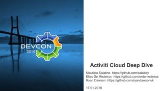 Activiti Cloud Deep Dive
Mauricio Salatino https://github.com/salaboy
Elias De Medeiros https://github.com/erdemedeiros
Ryan Dawson https://github.com/ryandawsonuk
17.01.2018
 