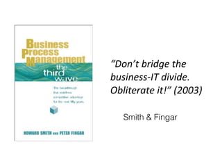 Dont	
 ?bridge	
 ?the	
 ?
business-?\IT	
 ?divide.	
 ?
Obliterate	
 ?it!	
 ?(2003)
Smith & Fingar
 