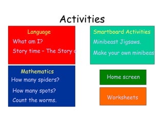 Activities What am I? How many spiders? Story time – The Story of Walter the Worm. Mathematics Language How many spots? Count the worms. Smartboard Activities Minibeast Jigsaws. Make your own minibeast. Home screen Worksheets 