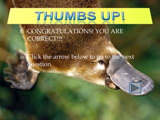    CONGRATULATIONS! YOU ARE
    CORRECT!!!

   Click the arrow below to go to the next
    question.
 