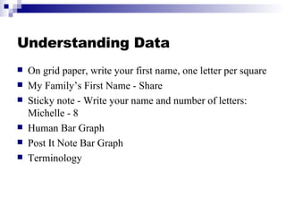 Understanding Data <ul><li>On grid paper, write your first name, one letter per square </li></ul><ul><li>My Family’s First...