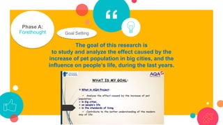 “Phase A:
Forethought Goal Setting
The goal of this research is
to study and analyze the effect caused by the
increase of pet population in big cities, and the
influence on people’s life, during the last years.
 