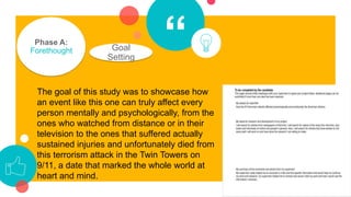 “Phase A:
Forethought Goal
Setting
The goal of this study was to showcase how
an event like this one can truly affect every
person mentally and psychologically, from the
ones who watched from distance or in their
television to the ones that suffered actually
sustained injuries and unfortunately died from
this terrorism attack in the Twin Towers on
9/11, a date that marked the whole world at
heart and mind.
 