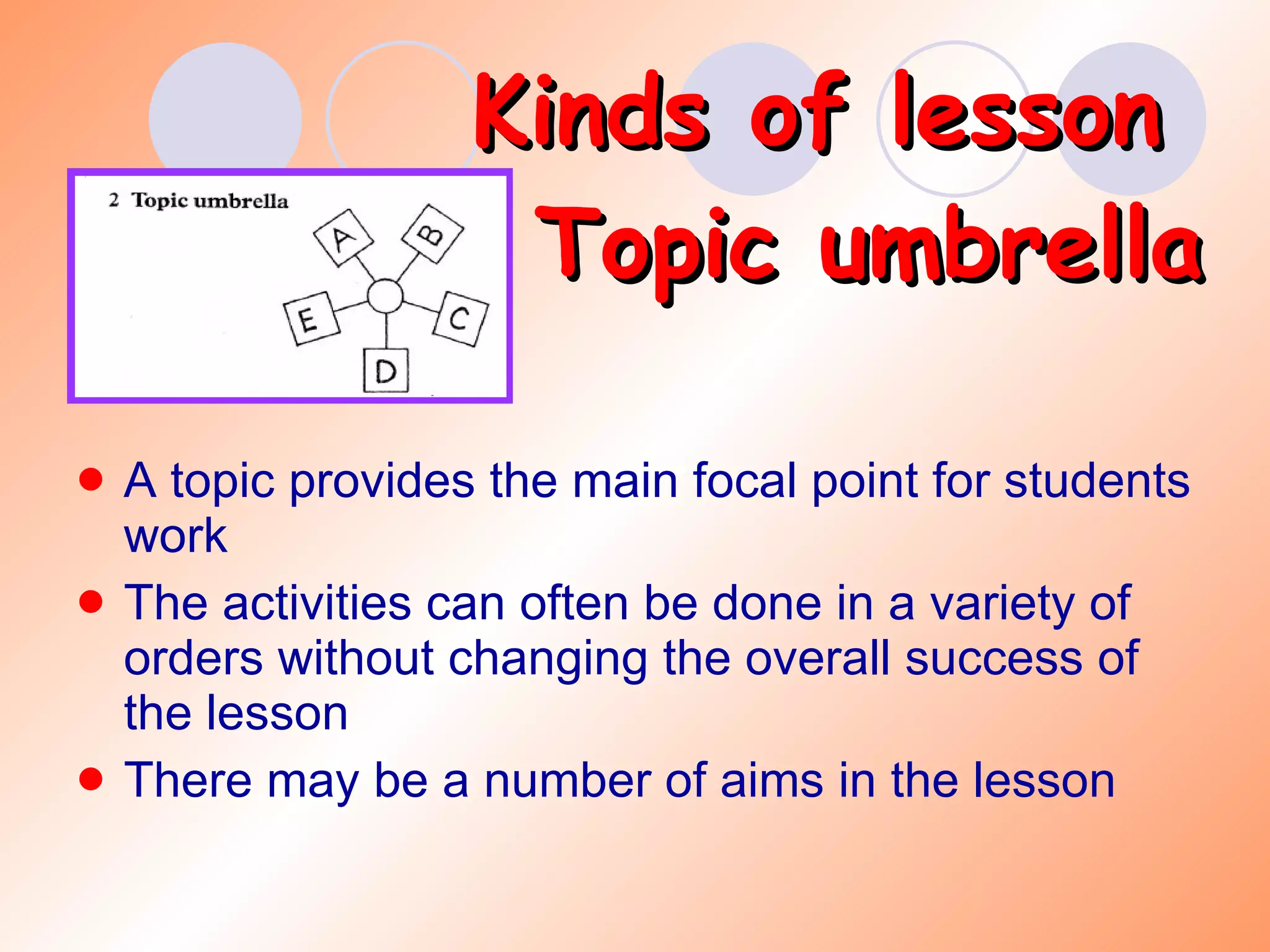 Kinds of lesson  Topic umbrella A topic provides the main focal point for students work The activities can often be done in a variety of orders without changing the overall success of the lesson There may be a number of aims in the lesson 