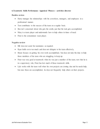Job Performance Evaluation Form Page 11
6.Teamwork Skills Performance Appraisal Phrases – activities director
Positive review
 Harry manages his relationships with his coworkers, managers, and employees in a
professional manner.
 Tom contributes to the success of the team on a regular basis.
 Ben isn’t concerned about who gets the credit, just that the task gets accomplished.
 Mary is a team player and understands how to help others in times of need.
 Peter is the consummate team player.
Negative review
 Bill does not assist his teammates as required.
 Ryan holds on to too much and does not delegate to his team effectively.
 Bryan focuses on getting his own work accomplished, but does not take the time to help
those members of his team who are struggling to keep up.
 Peter was very good at teamwork when he was just a member of the team, now that he is
in a supervisory role, Peter has lost much of those teamwork skills.
 Lyle works with the team well when his own projects are coming due and he needs help,
but once those are accomplished, he does not frequently help others on their projects.
 