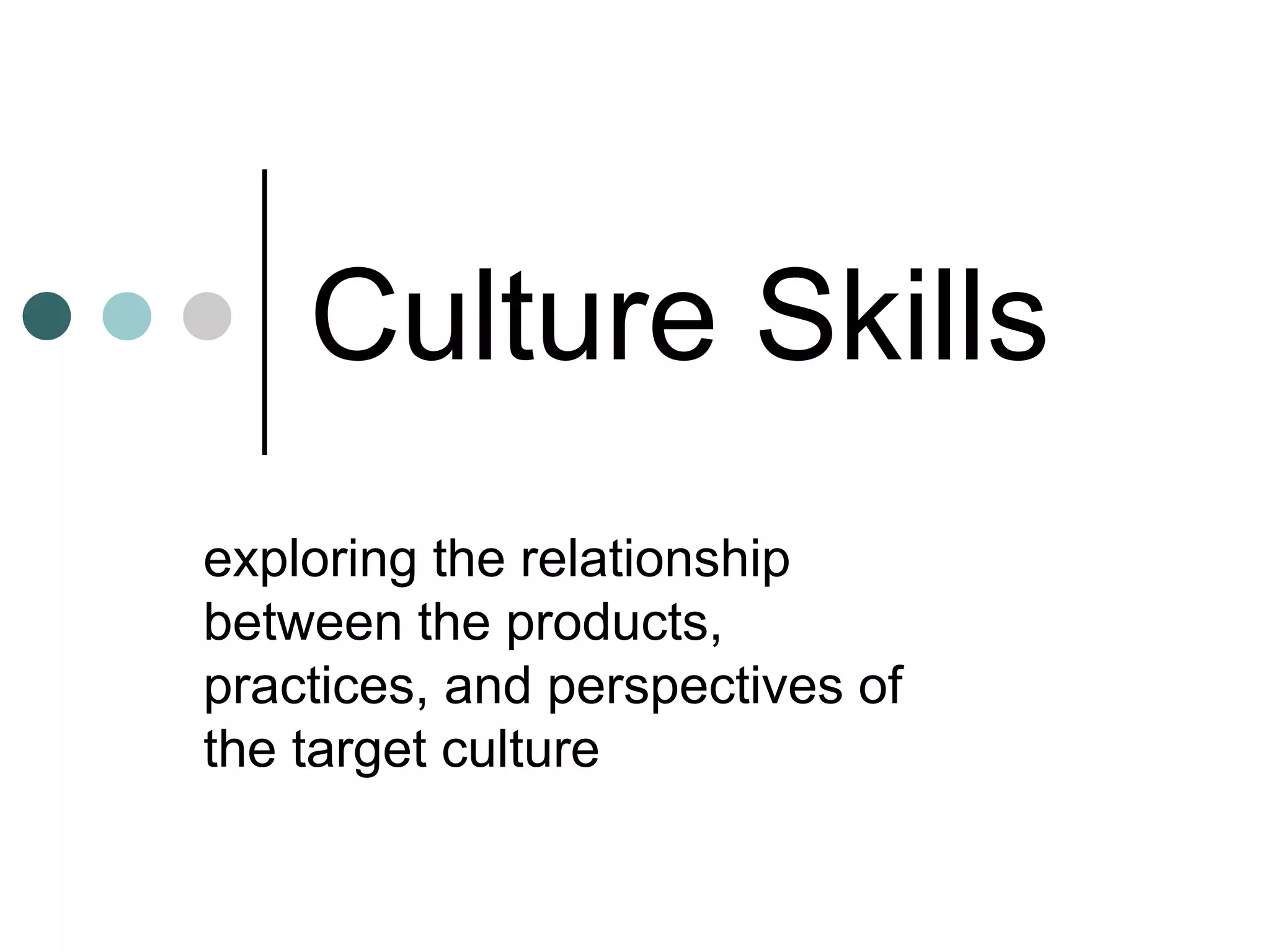 Culture Skills
exploring the relationship
between the products,
practices, and perspectives of
the target culture
 