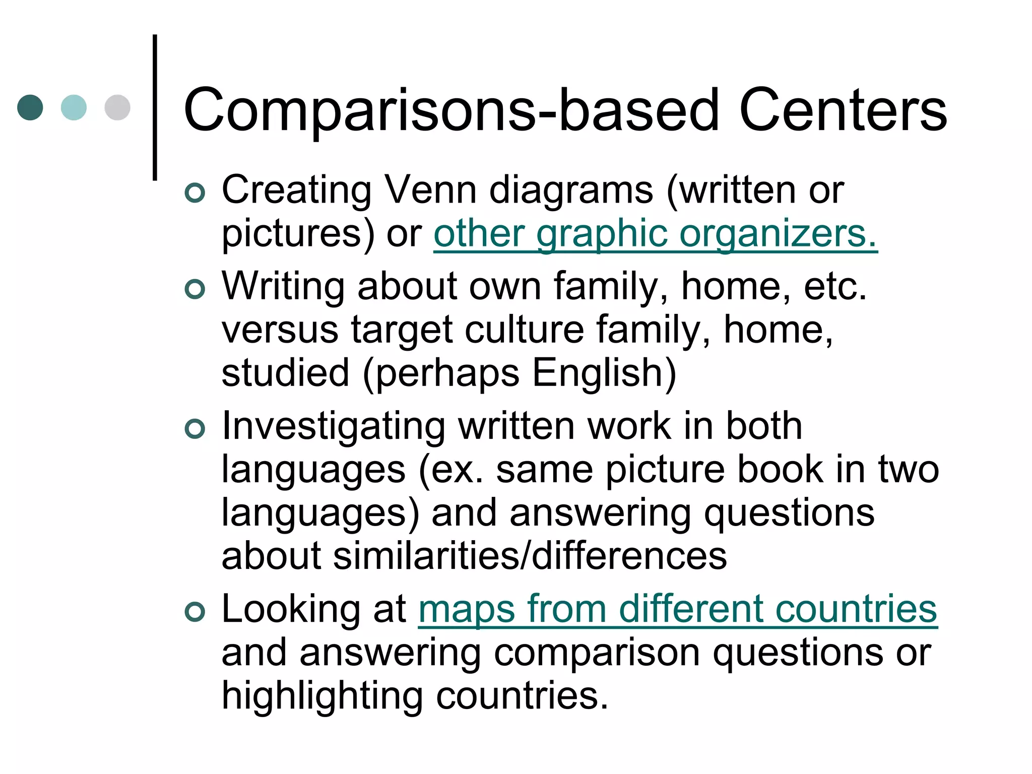 Comparisons-based Centers
 Creating Venn diagrams (written or
pictures) or other graphic organizers.
 Writing about own family, home, etc.
versus target culture family, home,
studied (perhaps English)
 Investigating written work in both
languages (ex. same picture book in two
languages) and answering questions
about similarities/differences
 Looking at maps from different countries
and answering comparison questions or
highlighting countries.
 