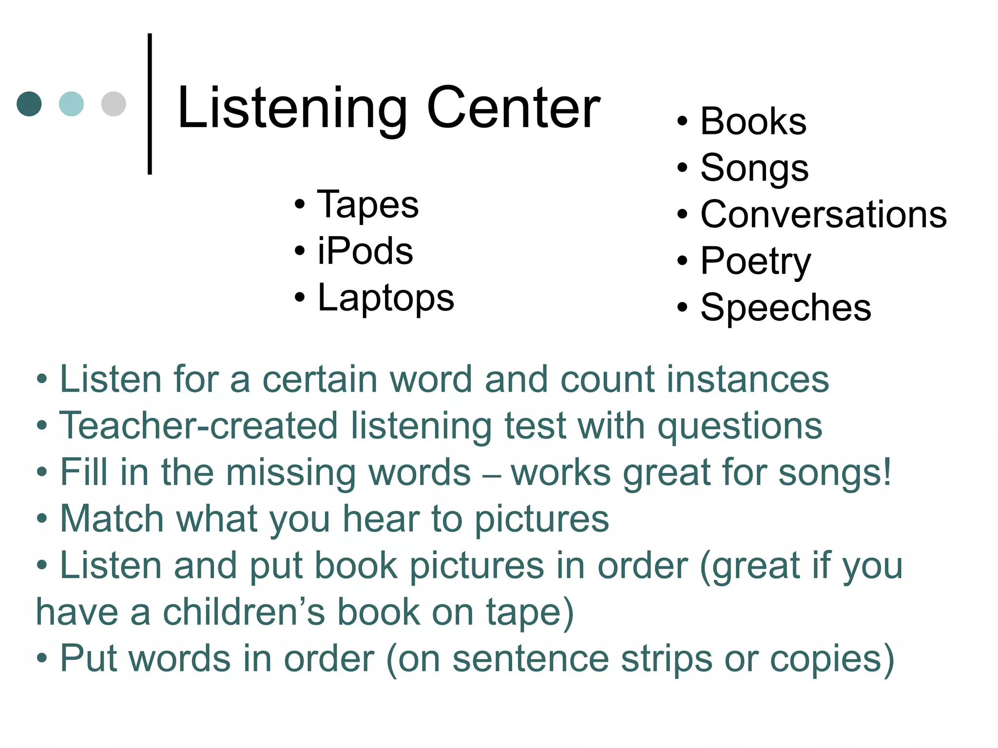 Listening Center • Books
• Songs
• Conversations
• Poetry
• Speeches
• Listen for a certain word and count instances
• Teacher-created listening test with questions
• Fill in the missing words – works great for songs!
• Match what you hear to pictures
• Listen and put book pictures in order (great if you
have a children’s book on tape)
• Put words in order (on sentence strips or copies)
• Tapes
• iPods
• Laptops
 