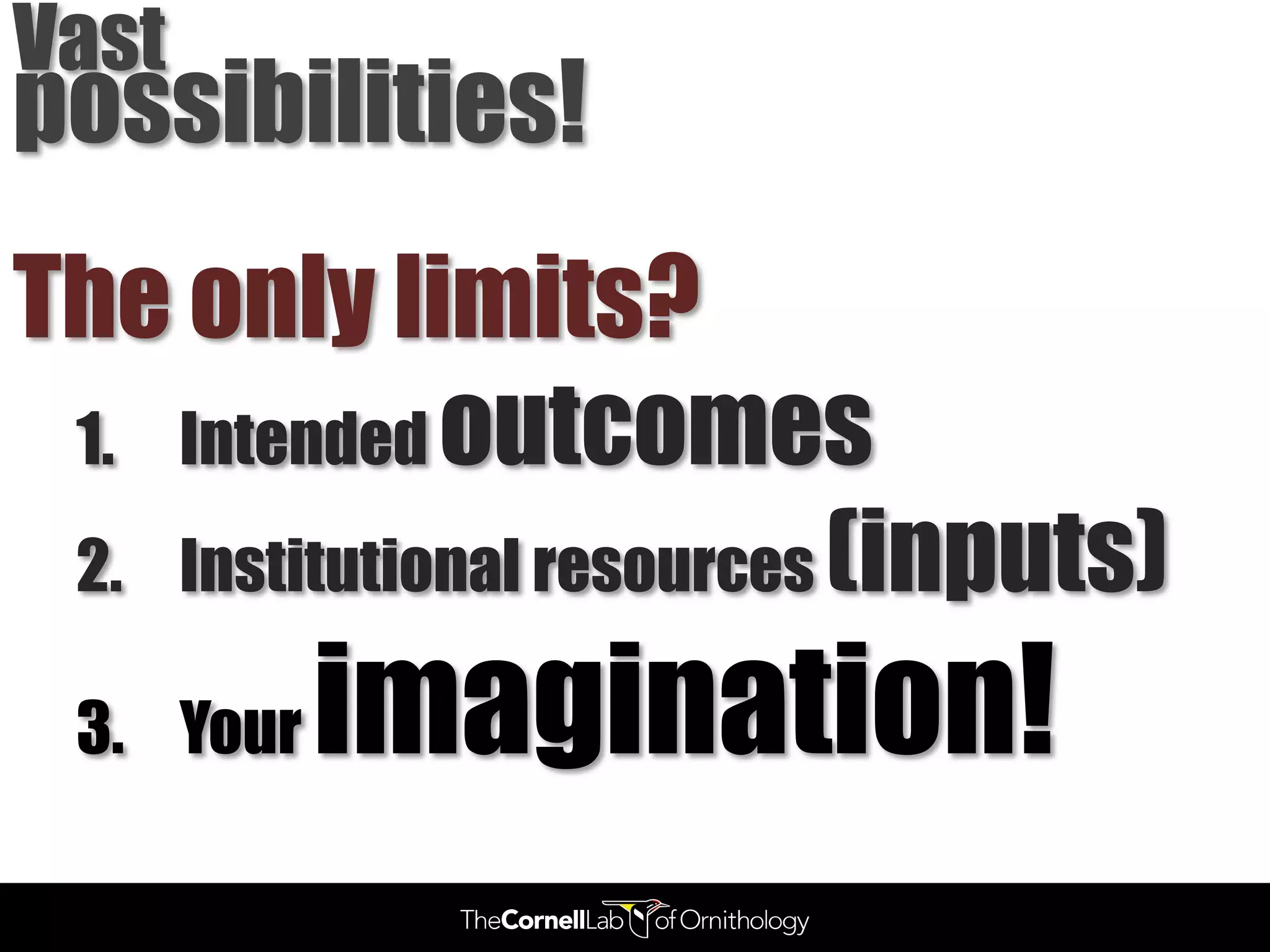 Vast
possibilities!
The only limits?
 1. Intended outcomes
 2. Institutional resources (inputs)

 3. Your   imagination!
 
