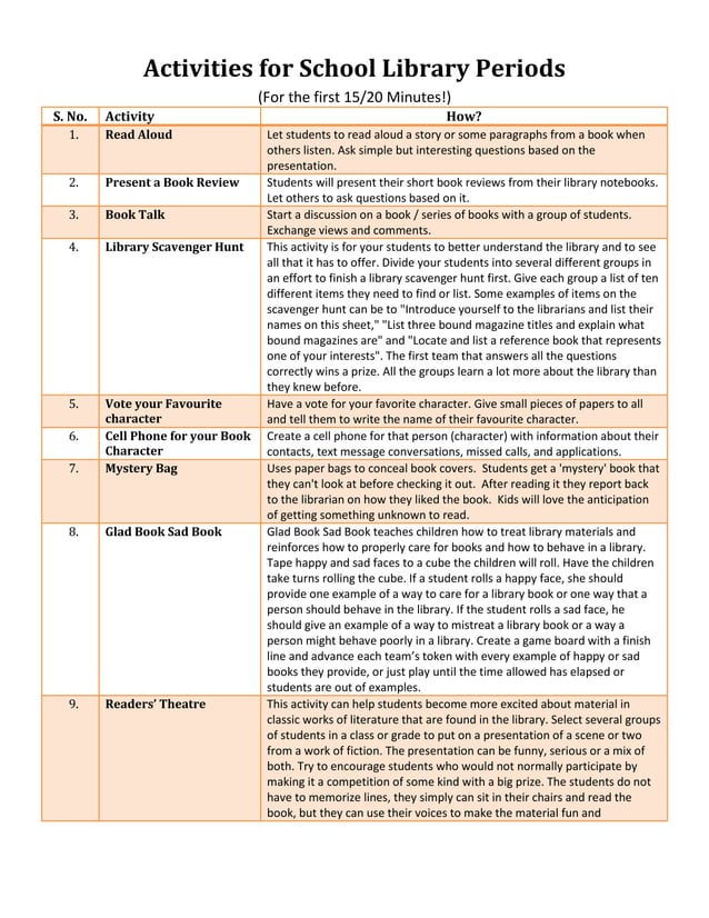 Activities for School Library Hours