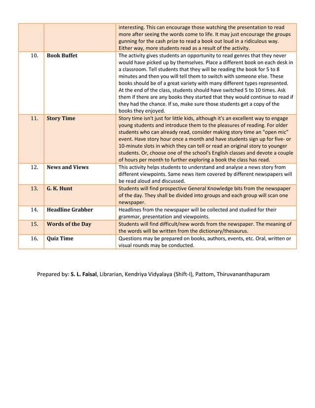 Activities for School Library Hours