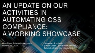 AN UPDATE ON OUR
ACTIVITIES IN
AUTOMATING OSS
COMPLIANCE:
A WORKING SHOWCASE
Sebastian Schuberth
Senior Expert Open Source Services
Bosch Software Innovations GmbH
OpenChain Automotive Workshop
October 29, 2019
 