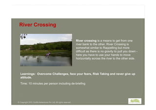River crossing is a means to get from one
river bank to the other. River Crossing is
somewhat similar to Rappelling but more
difficult as there is no gravity to pull you down -
here you have to use your hands to move
River Crossing
here you have to use your hands to move
horizontally across the river to the other side.
Time: 10 minutes per person including de-briefing
Learnings: Overcome Challenges, face your fears, Risk Taking and never give up
attitude.
© Copyright 2013, Outlife Adventures Pvt. Ltd. All rights reserved.
 