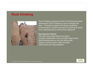 Rock Climbing combines the thrill of individual and team
achievement, Rock Climbing is sure to energize the
team. Participants explore risk-taking, leadership,
communication, problem-solving and coaching as teams
work collaboratively to achieve their objectives.
Key Success Factors
Rock Climbing
Key Success Factors
Kick start new project teams into action.
Increase collaboration and trust within intact teams.
Build interdependence and risk taking skills.
Improve communication within the team.
Clarify roles and responsibilities.
© Copyright 2013, Outlife Adventures Pvt. Ltd. All rights reserved.
 