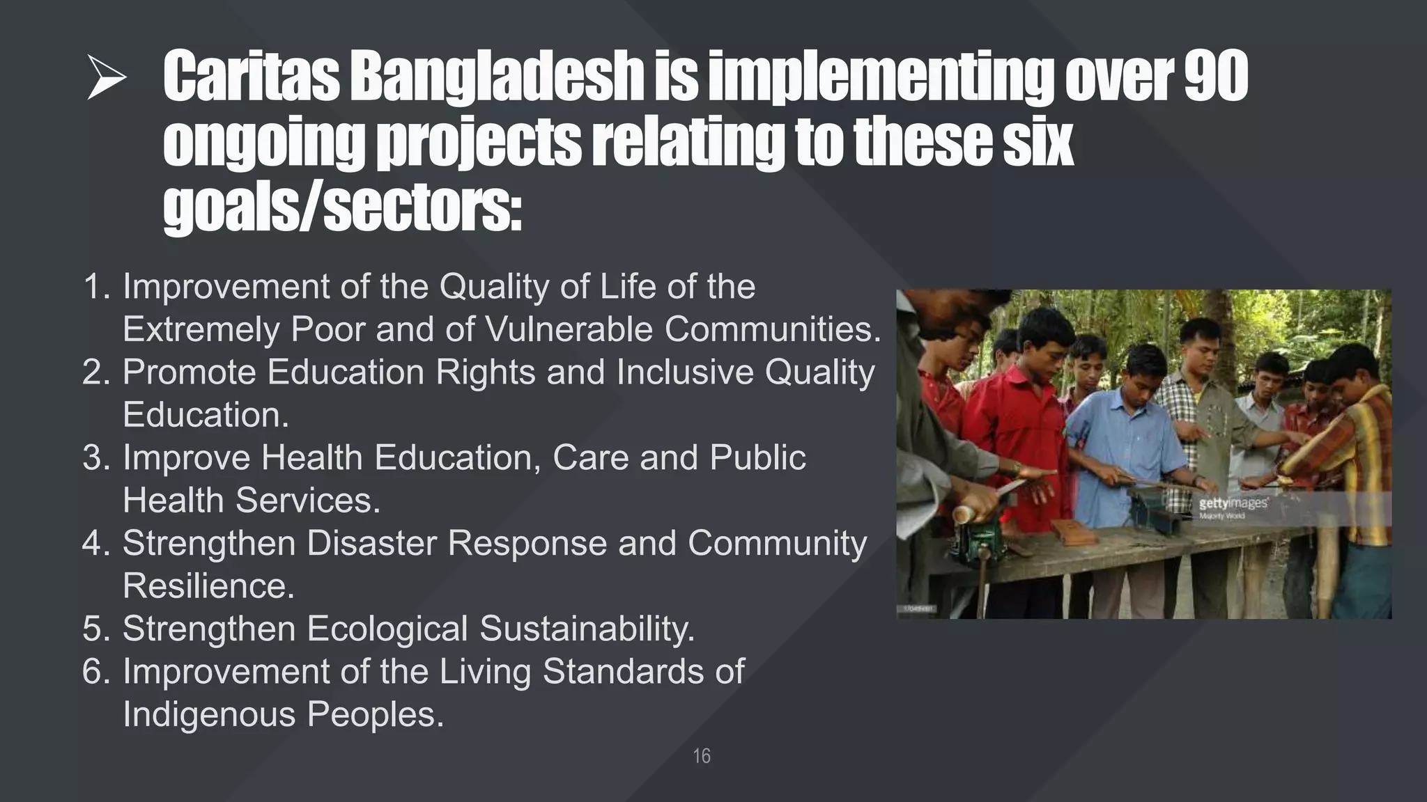  CaritasBangladeshisimplementingover90
ongoingprojectsrelatingtothesesix
goals/sectors:
1. Improvement of the Quality of Life of the
Extremely Poor and of Vulnerable Communities.
2. Promote Education Rights and Inclusive Quality
Education.
3. Improve Health Education, Care and Public
Health Services.
4. Strengthen Disaster Response and Community
Resilience.
5. Strengthen Ecological Sustainability.
6. Improvement of the Living Standards of
Indigenous Peoples.
 