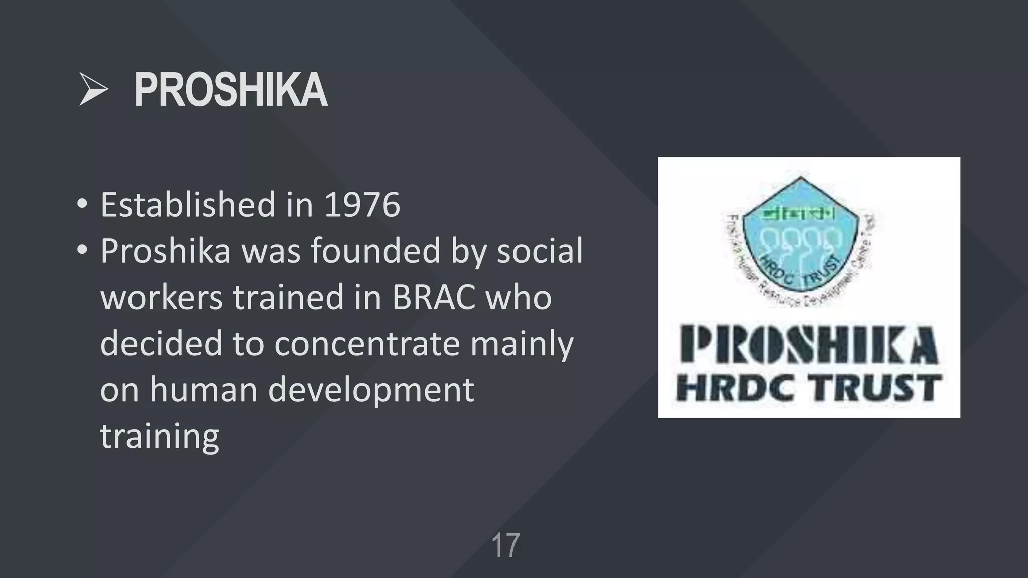  PROSHIKA
• Established in 1976
• Proshika was founded by social
workers trained in BRAC who
decided to concentrate mainly
on human development
training
 