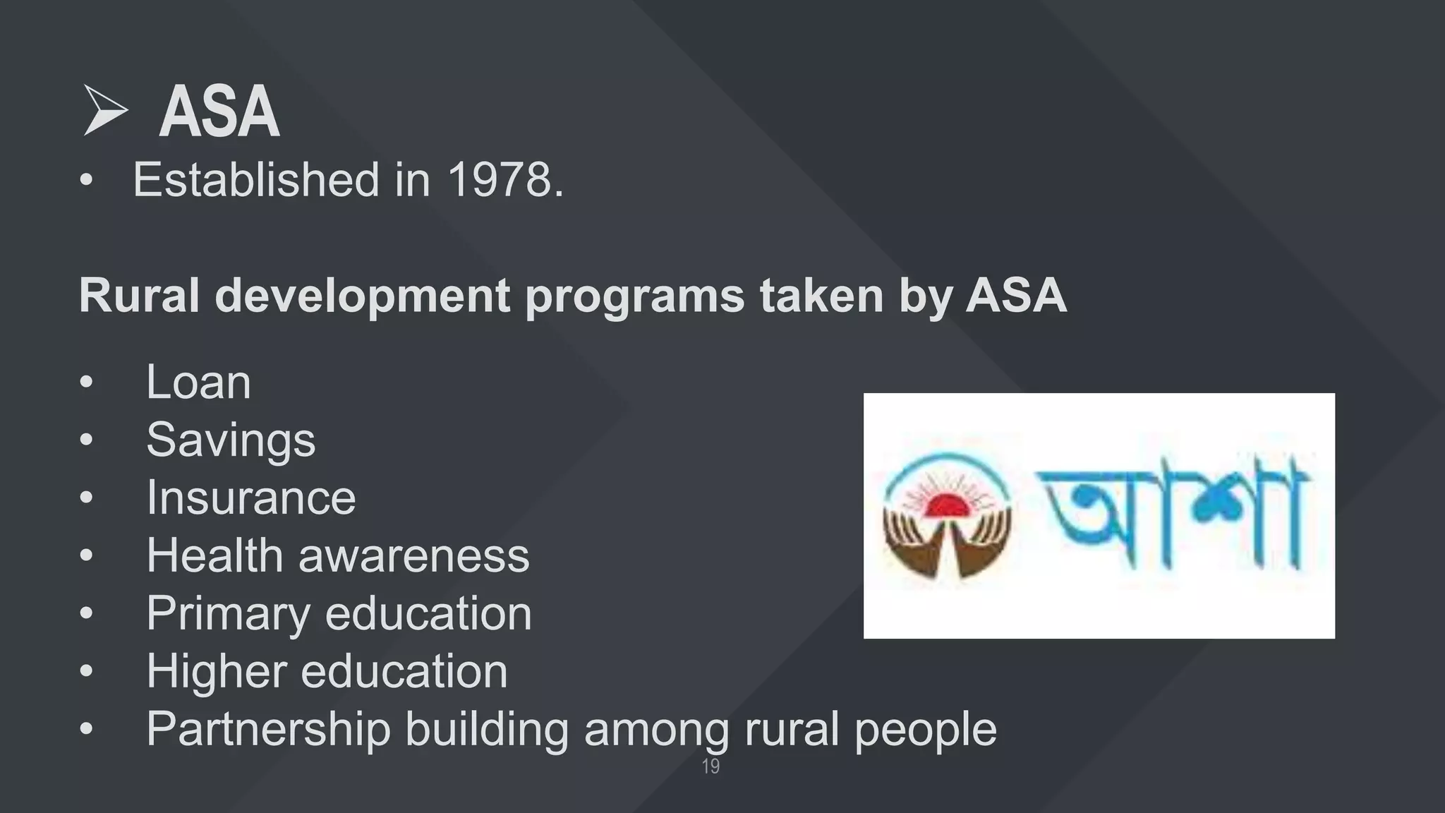  ASA
• Established in 1978.
Rural development programs taken by ASA
• Loan
• Savings
• Insurance
• Health awareness
• Primary education
• Higher education
• Partnership building among rural people
 