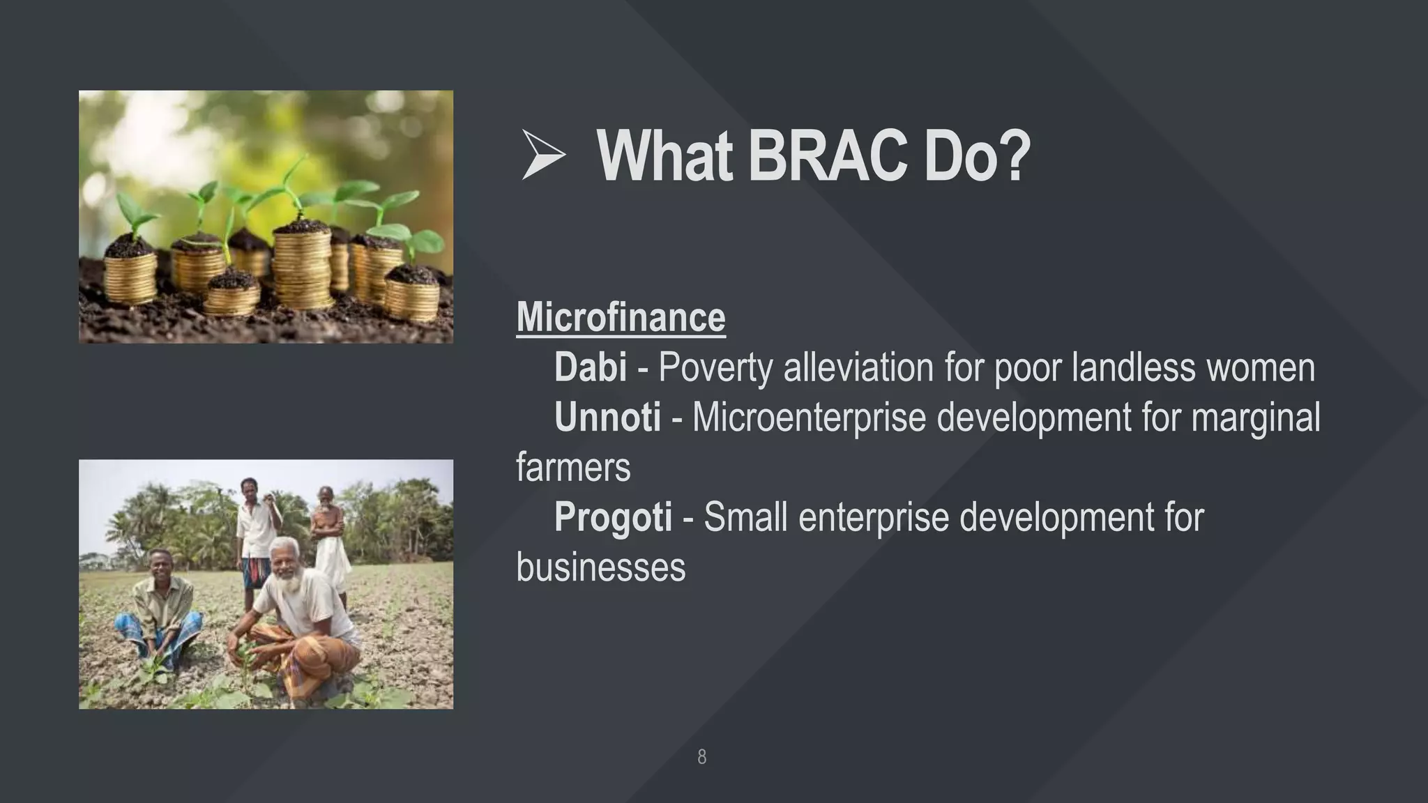  What BRAC Do?
Microfinance
Dabi - Poverty alleviation for poor landless women
Unnoti - Microenterprise development for marginal
farmers
Progoti - Small enterprise development for
businesses
 