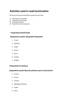 Activities used in road construction | DOCX