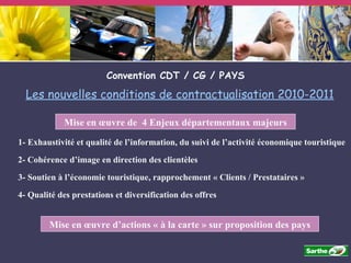 Convention CDT / CG / PAYS Les nouvelles conditions de contractualisation 2010-2011 Mise en œuvre de  4 Enjeux départementaux majeurs 1- Exhaustivité et qualité de l’information, du suivi de l’activité économique touristique  2- Cohérence d’image en direction des clientèles  3- Soutien à l’économie touristique, rapprochement « Clients / Prestataires » 4- Qualité des prestations et diversification des offres Mise en œuvre d’actions « à la carte » sur proposition des pays 