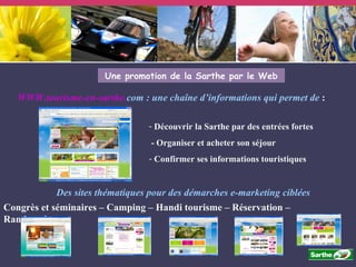 WWW.tourisme-en-sarthe. com  : une chaîne d’informations qui permet de  : Découvrir la Sarthe par des entrées fortes  - Organiser et acheter son séjour Confirmer ses informations touristiques Des sites thématiques pour des démarches e-marketing ciblées Congrès et séminaires – Camping – Handi tourisme – Réservation – Randonnées  Une promotion de la Sarthe par le Web 