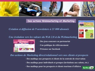 Une évolution vers les valeurs du Web 2.0 et du Webmarketing Des jeux-concours en partenariat Une politique de référencement Présence sur facebook Des actions Webmarketing et Marketing Création et diffusion de 9 newsletters à 21 000 abonnés Des actions de Marketing direct/relationnel vers nos clients et prospects Des mailings aux prospects et clients de la centrale de réservation Des mailings pour individuels et groupes (invitations aux salons, etc.) Des mailings pour les prospects et clients tourisme d’affaires 