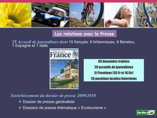 Les relations avec la Presse 69 demandes traitées 29 accueils de journalistes 51 Parutions (35 Fr et 16 Etr) 26 parutions locales/interviews Enrichissement du dossier de presse 2009/2010 Dossier de presse généraliste Dossiers de presse thématique « Ecotourisme » 29 Accueil de journalistes dont  15 français ,  6 britanniques, 6 Benelux, 1 Espagne et 1 Italie 