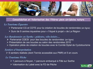 Le Tourisme Équestre Partenariat CG et CDTE pour la création de boucles de randonnées  (en ligne) Suivi de 9 centres équestres pour « l’Appel à projet » de La Région Le Tourisme Pêche 1 parcours à Noyen, 1 parcours embarqué à Fillé sur Sarthe Valorisation du Label avec la FD de Pêche Sentiers d’Interprétation    6 sentiers réalisés (dont Tennie accessible aux PMR) et 5 en cours Les Randonnées en Sarthe : pédestre, vélo-loisirs…    Partenariat CDESI  pour des boucles de randonnées   (en ligne)    Présentation de ces boucles au salon des randonnées 2010    Opération pilote de création de boucles avec le Comité Dptal de Cyclotourisme Consolidation et Valorisation des filières plein air/pleine nature 