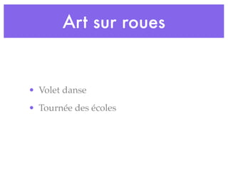 Art sur roues


• Volet danse
• Tournée des écoles
 