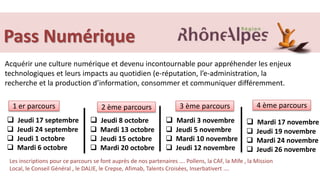 Pass Numérique
Les inscriptions pour ce parcours se font auprès de nos partenaires …. Pollens, la CAF, la Mife , la Mission
Local, le Conseil Général , le DALIE, le Crepse, Afimab, Talents Croisées, Inserbativert ….
Acquérir une culture numérique et devenu incontournable pour appréhender les enjeux
technologiques et leurs impacts au quotidien (e-réputation, l’e-administration, la
recherche et la production d’information, consommer et communiquer différemment.
 Jeudi 17 septembre
 Jeudi 24 septembre
 Jeudi 1 octobre
 Mardi 6 octobre
 Jeudi 8 octobre
 Mardi 13 octobre
 Jeudi 15 octobre
 Mardi 20 octobre
1 er parcours 2 ème parcours 3 ème parcours 4 ème parcours
 Mardi 3 novembre
 Jeudi 5 novembre
 Mardi 10 novembre
 Jeudi 12 novembre
 Mardi 17 novembre
 Jeudi 19 novembre
 Mardi 24 novembre
 Jeudi 26 novembre
 