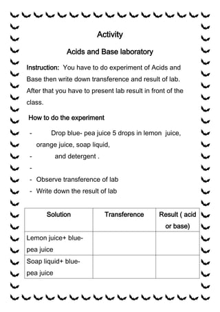 Activity

                Acids and Base laboratory

Instruction: You have to do experiment of Acids and
Base then write down transference and result of lab.
After that you have to present lab result in front of the
class.

How to do the experiment

 -        Drop blue- pea juice 5 drops in lemon juice,
     orange juice, soap liquid,
 -          and detergent .
 -
 - Observe transference of lab
 - Write down the result of lab


         Solution             Transference   --------------------------
                                                 Result ( acid
                                                  or base)
Lemon juice+ blue-
pea juice
Soap liquid+ blue-
pea juice
 