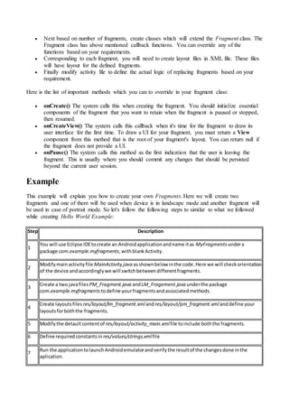  Next based on number of fragments, create classes which will extend the Fragment class. The
Fragment class has above mentioned callback functions. You can override any of the
functions based on your requirements.
 Corresponding to each fragment, you will need to create layout files in XML file. These files
will have layout for the defined fragments.
 Finally modify activity file to define the actual logic of replacing fragments based on your
requirement.
Here is the list of important methods which you can to override in your fragment class:
 onCreate() The system calls this when creating the fragment. You should initialize essential
components of the fragment that you want to retain when the fragment is paused or stopped,
then resumed.
 onCreateView() The system calls this callback when it's time for the fragment to draw its
user interface for the first time. To draw a UI for your fragment, you must return a View
component from this method that is the root of your fragment's layout. You can return null if
the fragment does not provide a UI.
 onPause() The system calls this method as the first indication that the user is leaving the
fragment. This is usually where you should commit any changes that should be persisted
beyond the current user session.
Example
This example will explain you how to create your own Fragments. Here we will create two
fragments and one of them will be used when device is in landscape mode and another fragment will
be used in case of portrait mode. So let's follow the following steps to similar to what we followed
while creating Hello World Example:
Step Description
1
You will use Eclipse IDEtocreate an Androidapplicationandname itas MyFragments undera
package com.example.myfragments,withblankActivity.
2
Modifymainactivityfile MainActivity.java asshownbelow inthe code.Here we will checkorientation
of the device andaccordinglywe will switchbetweendifferentfragments.
3
Create a two javafiles PM_Fragment.java andLM_Fragement.java underthe package
com.example.myfragmentstodefine yourfragmentsandassociatedmethods.
4
Create layoutsfiles res/layout/lm_fragment.xmlandres/layout/pm_fragment.xmlanddefine your
layoutsforboththe fragments.
5 Modifythe detaultcontentof res/layout/activity_main.xmlfile toinclude boththe fragments.
6 Define requiredconstantsin res/values/strings.xmlfile
7
Run the applicationtolaunchAndroidemulatorandverifythe resultof the changesdone inthe
aplication.
 