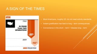 A SIGN OF THE TIMES
• Most Americans, roughly 2/3, do not meet activity standards.
• Instant gratification has lead to long – term consequences
• Convenience in the short – term = disease long – term
 