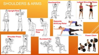 SHOULDERS & ARMS
Upright Row
Shoulder Press
Inverted
Row
Dumbbell Fly
Overhead Ext Lateral Shoulder Raise
Power Clean
Opposite
Arm/Leg Raise
 