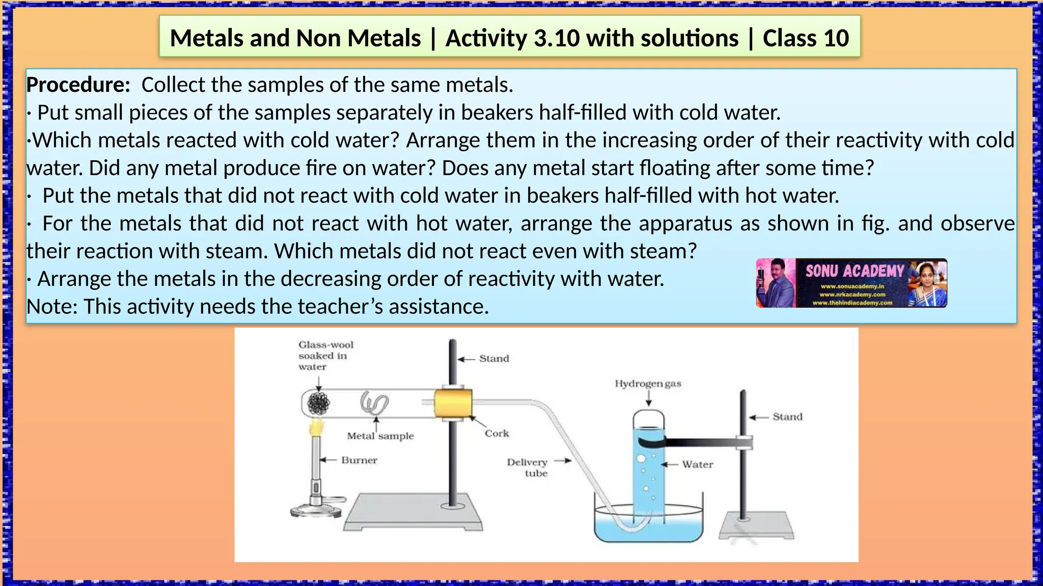 Metals and Non Metals | Activity 3.10 with solutions | Class 10
Procedure: Collect the samples of the same metals.
· Put small pieces of the samples separately in beakers half-filled with cold water.
·Which metals reacted with cold water? Arrange them in the increasing order of their reactivity with cold
water. Did any metal produce fire on water? Does any metal start floating after some time?
· Put the metals that did not react with cold water in beakers half-filled with hot water.
· For the metals that did not react with hot water, arrange the apparatus as shown in fig. and observe
their reaction with steam. Which metals did not react even with steam?
· Arrange the metals in the decreasing order of reactivity with water.
Note: This activity needs the teacher’s assistance.
 