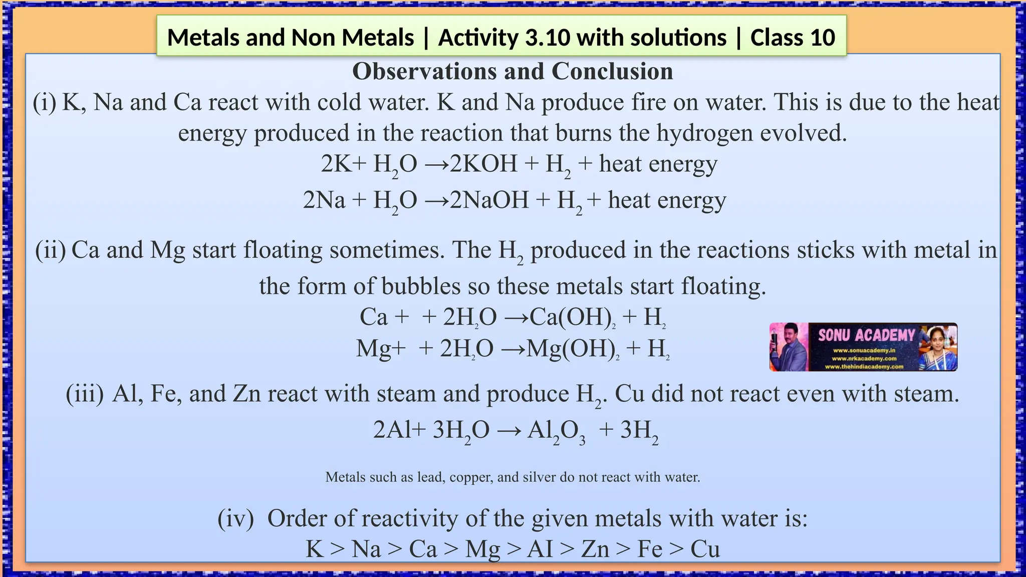 Observations and Conclusion
(i) K, Na and Ca react with cold water. K and Na produce fire on water. This is due to the heat
energy produced in the reaction that burns the hydrogen evolved.
2K+ H2
O →2KOH + H2
+ heat energy
2Na + H2
O →2NaOH + H2
+ heat energy
(ii) Ca and Mg start floating sometimes. The H2
produced in the reactions sticks with metal in
the form of bubbles so these metals start floating.
Ca + + 2H2
O →Ca(OH)2
+ H2
Mg+ + 2H2O →Mg(OH)2 + H2
(iii) Al, Fe, and Zn react with steam and produce H2
. Cu did not react even with steam.
2Al+ 3H2
O → Al2
O3
+ 3H2
Metals such as lead, copper, and silver do not react with water.
(iv) Order of reactivity of the given metals with water is:
K > Na > Ca > Mg > AI > Zn > Fe > Cu
Metals and Non Metals | Activity 3.10 with solutions | Class 10
 