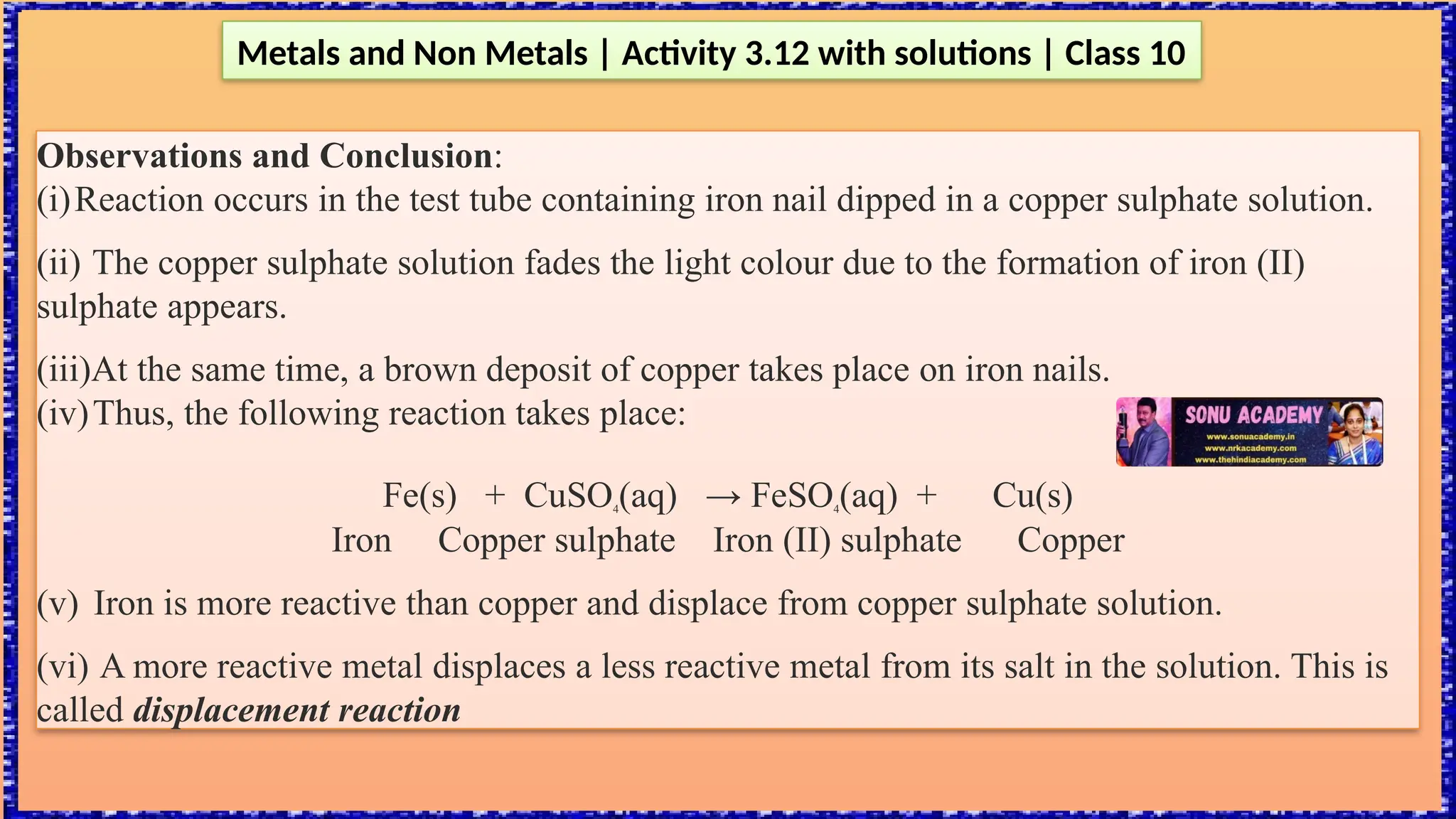 Metals and Non Metals | Activity 3.12 with solutions | Class 10
Observations and Conclusion:
(i)Reaction occurs in the test tube containing iron nail dipped in a copper sulphate solution.
(ii) The copper sulphate solution fades the light colour due to the formation of iron (II)
sulphate appears.
(iii)At the same time, a brown deposit of copper takes place on iron nails.
(iv)Thus, the following reaction takes place:
Fe(s) + CuSO4
(aq) → FeSO4
(aq) + Cu(s)
Iron Copper sulphate Iron (II) sulphate Copper
(v) Iron is more reactive than copper and displace from copper sulphate solution.
(vi) A more reactive metal displaces a less reactive metal from its salt in the solution. This is
called displacement reaction
 