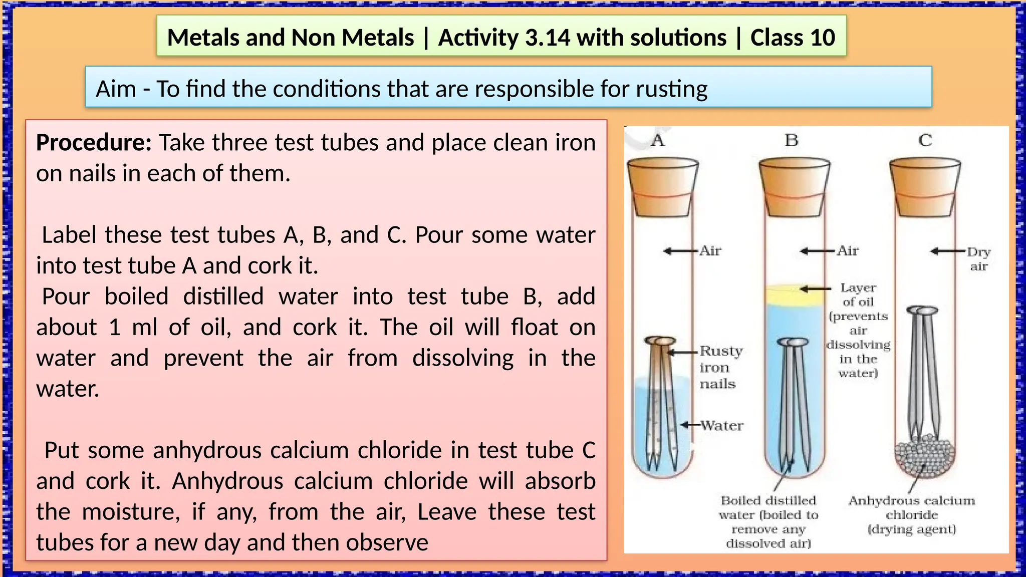 Metals and Non Metals | Activity 3.14 with solutions | Class 10
Aim - To find the conditions that are responsible for rusting
Procedure: Take three test tubes and place clean iron
on nails in each of them.
Label these test tubes A, B, and C. Pour some water
into test tube A and cork it.
Pour boiled distilled water into test tube B, add
about 1 ml of oil, and cork it. The oil will float on
water and prevent the air from dissolving in the
water.
Put some anhydrous calcium chloride in test tube C
and cork it. Anhydrous calcium chloride will absorb
the moisture, if any, from the air, Leave these test
tubes for a new day and then observe
 