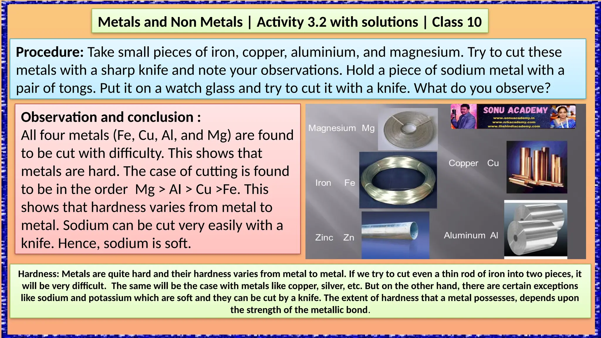 Metals and Non Metals | Activity 3.2 with solutions | Class 10
Procedure: Take small pieces of iron, copper, aluminium, and magnesium. Try to cut these
metals with a sharp knife and note your observations. Hold a piece of sodium metal with a
pair of tongs. Put it on a watch glass and try to cut it with a knife. What do you observe?
Observation and conclusion :
All four metals (Fe, Cu, Al, and Mg) are found
to be cut with difficulty. This shows that
metals are hard. The case of cutting is found
to be in the order Mg > AI > Cu >Fe. This
shows that hardness varies from metal to
metal. Sodium can be cut very easily with a
knife. Hence, sodium is soft.
Hardness: Metals are quite hard and their hardness varies from metal to metal. If we try to cut even a thin rod of iron into two pieces, it
will be very difficult. The same will be the case with metals like copper, silver, etc. But on the other hand, there are certain exceptions
like sodium and potassium which are soft and they can be cut by a knife. The extent of hardness that a metal possesses, depends upon
the strength of the metallic bond.
 