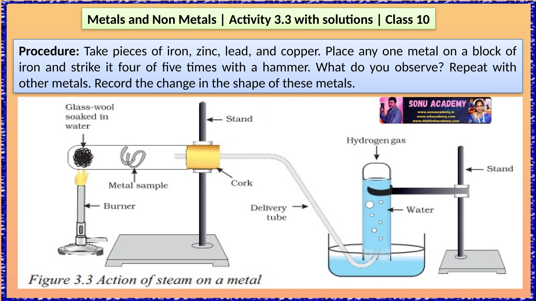 Metals and Non Metals | Activity 3.3 with solutions | Class 10
Procedure: Take pieces of iron, zinc, lead, and copper. Place any one metal on a block of
iron and strike it four of five times with a hammer. What do you observe? Repeat with
other metals. Record the change in the shape of these metals.
 