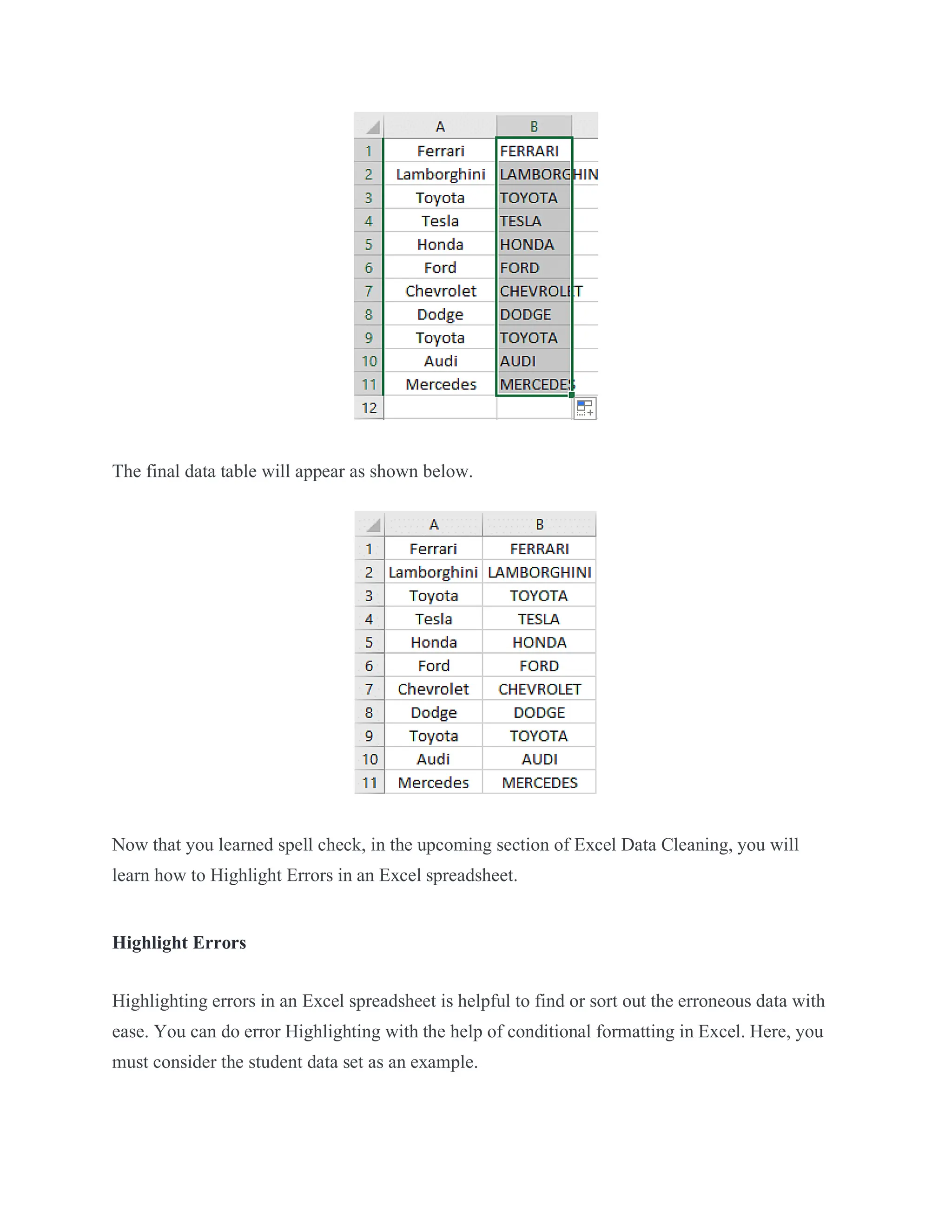 The final data table will appear as shown below.
Now that you learned spell check, in the upcoming section of Excel Data Cleaning, you will
learn how to Highlight Errors in an Excel spreadsheet.
Highlight Errors
Highlighting errors in an Excel spreadsheet is helpful to find or sort out the erroneous data with
ease. You can do error Highlighting with the help of conditional formatting in Excel. Here, you
must consider the student data set as an example.
 