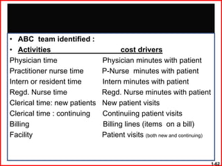 • ABC team identified :
• Activities                         cost drivers
Physician time                Physician minutes with patient
Practitioner nurse time       P-Nurse minutes with patient
Intern or resident time       Intern minutes with patient
Regd. Nurse time              Regd. Nurse minutes with patient
Clerical time: new patients   New patient visits
Clerical time : continuing    Continuiing patient visits
Billing                       Billing lines (items on a bill)
Facility                      Patient visits (both new and continuing)


                                                                         1-62
 
