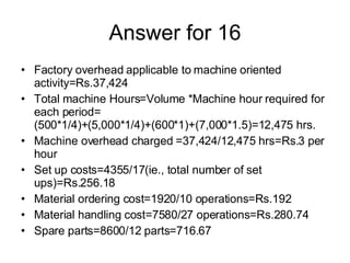 Answer for 16 Factory overhead applicable to machine oriented activity=Rs.37,424 Total machine Hours=Volume *Machine hour required for each period= (500*1/4)+(5,000*1/4)+(600*1)+(7,000*1.5)=12,475 hrs. Machine overhead charged =37,424/12,475 hrs=Rs.3 per hour Set up costs=4355/17(ie., total number of set ups)=Rs.256.18 Material ordering cost=1920/10 operations=Rs.192 Material handling cost=7580/27 operations=Rs.280.74 Spare parts=8600/12 parts=716.67 