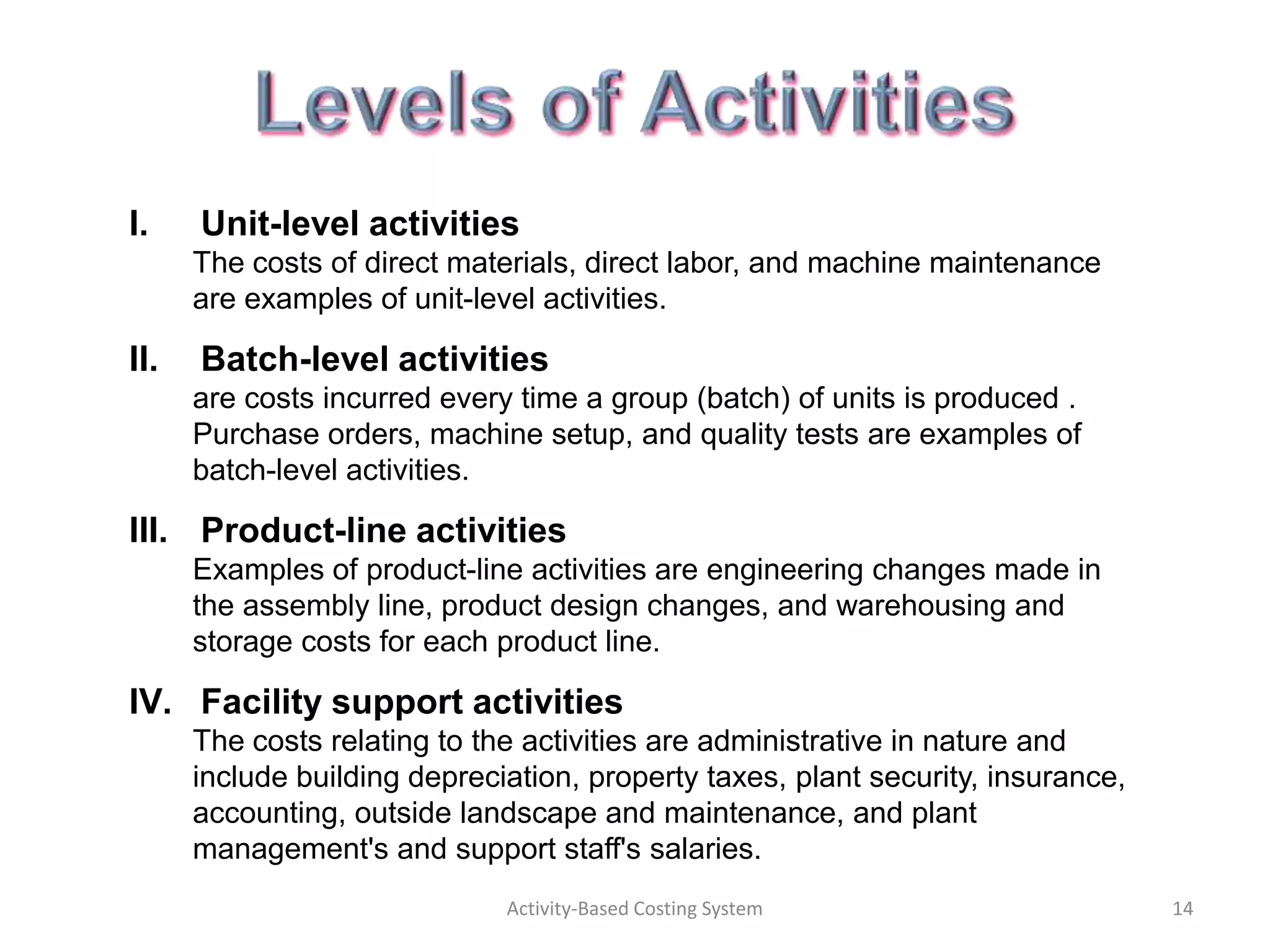 I.    Unit-level activities
      The costs of direct materials, direct labor, and machine maintenance
      are examples of unit-level activities.

II.   Batch-level activities
      are costs incurred every time a group (batch) of units is produced .
      Purchase orders, machine setup, and quality tests are examples of
      batch-level activities.

III. Product-line activities
      Examples of product-line activities are engineering changes made in
      the assembly line, product design changes, and warehousing and
      storage costs for each product line.

IV. Facility support activities
      The costs relating to the activities are administrative in nature and
      include building depreciation, property taxes, plant security, insurance,
      accounting, outside landscape and maintenance, and plant
      management's and support staff's salaries.
                              Activity-Based Costing System                       14
 