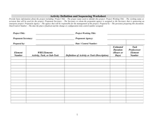 Activity Definition and Sequencing Worksheet
Provide basic information about the project including: Project Title – The proper name used to identify this project; Project Working Title – The working name or
acronym that will be used for the project; Proponent Secretary – The Secretary to whom the proponent agency is assigned or the Secretary that is sponsoring an
enterprise project; Proponent Agency – The agency that will be responsible for the management of the project; Prepared by – The person(s) preparing this document;
Date/Control Number – The date the plan is finalized and the change or configuration item control number assigned.


    Project Title:                                                             Project Working Title:

    Proponent Secretary:                                                       Proponent Agency:

    Prepared by:                                                               Date / Control Number:
                                                                                                                            Estimated             Task
                                                                                                                            Duration           Predecessor
      Element                    WBS Elements                                                                               (Hours or           Element
      Number               Activity, Task, or Sub-Task             Definition of Activity or Task (Description)               Days)             Number




                                                                                1
 