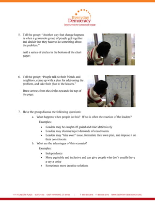 5. Tell the group: “Another way that change happens
is when a grassroots group of people get together
and decide that they have to do something about
the problem.”
Add a series of circles to the bottom of the chart
paper:
6. Tell the group: “People talk to their friends and
neighbors, come up with a plan for addressing the
problem, and take their plan to the leaders.”
Draw arrows from the circles towards the top of
the page:
7. Have the group discuss the following questions:
a. What happens when people do this? What is often the reaction of the leaders?
Examples:
• Leaders may be caught off guard and react defensively
• Leaders may dismiss/reject demands of constituents
• Leaders may “take over” issue, formulate their own plan, and impose it on
their constituents
b. What are the advantages of this scenario?
Examples:
• Independence
• More equitable and inclusive and can give people who don’t usually have
a say a voice
• Sometimes more creative solutions
 